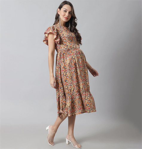 Floral Crepe Maternity A-Line Midi Dress